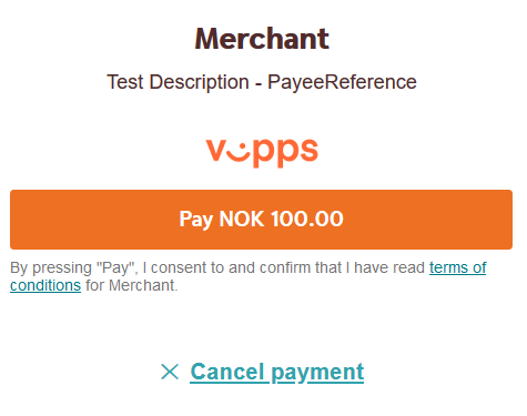 screenshot of the first Vipps redirect page